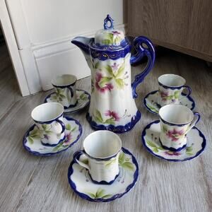 Vintage Hand Painted Nippon Chocolate Pot Cups Saucers Set Cobalt Blue and Gold